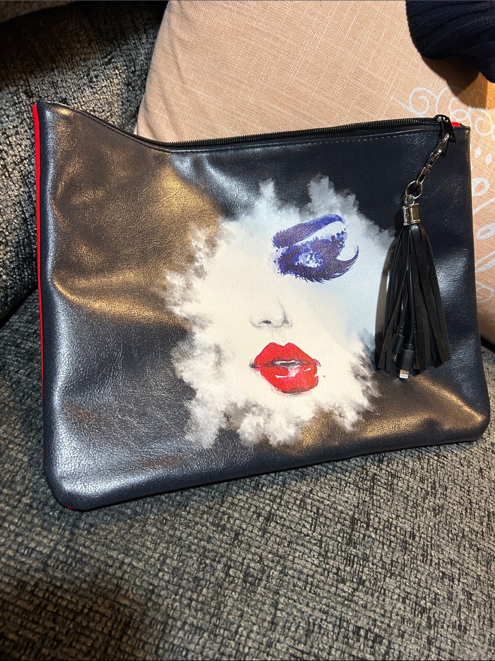 Stylish Black Clutch with Red Lip & Purple Eye Art